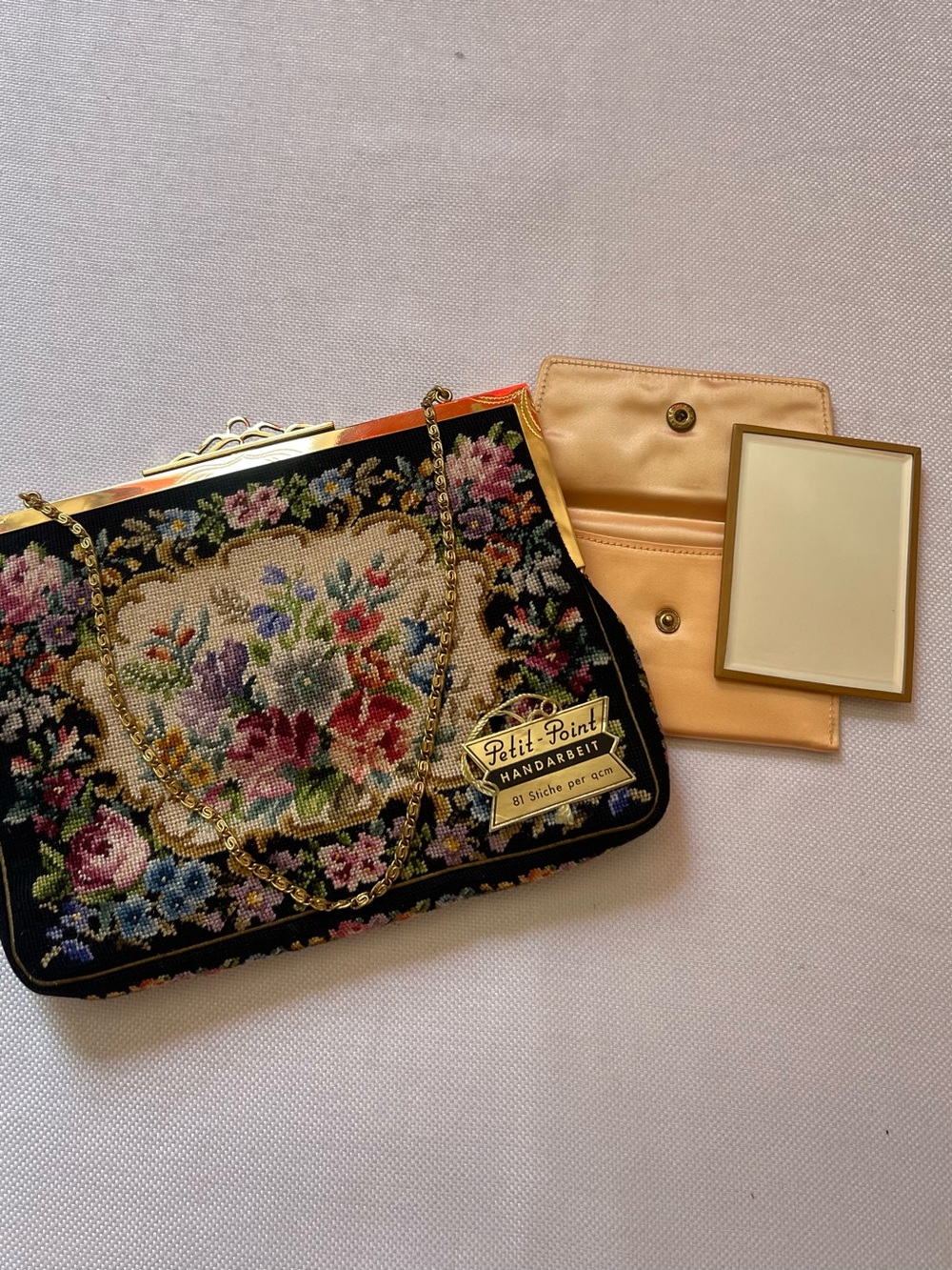 Petit-Point Vintage Floral Embroidered Tapestry Clutch Chain Strap Mirror Gold